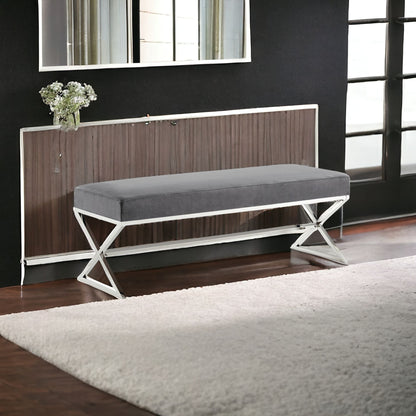 48" Gray And Silver Upholstered Velvet Bench