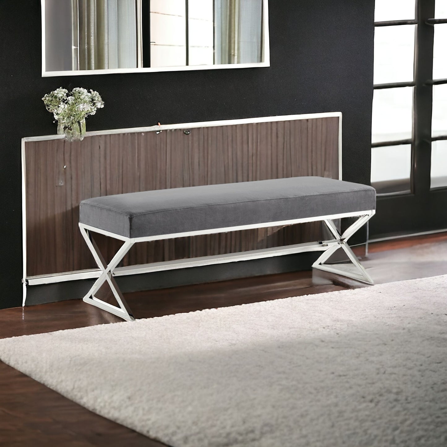 48" Gray And Silver Upholstered Velvet Bench