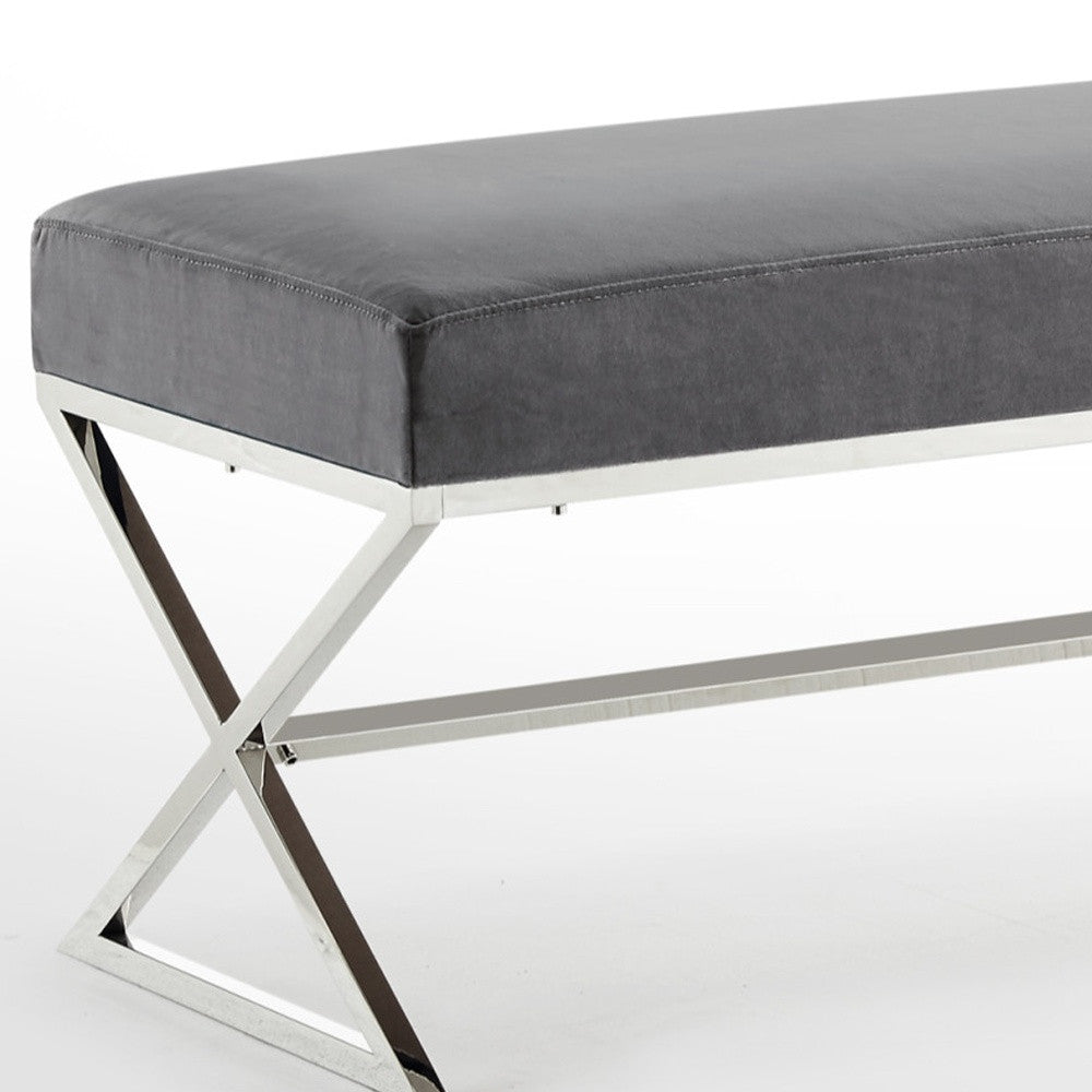 48" Gray And Silver Upholstered Velvet Bench