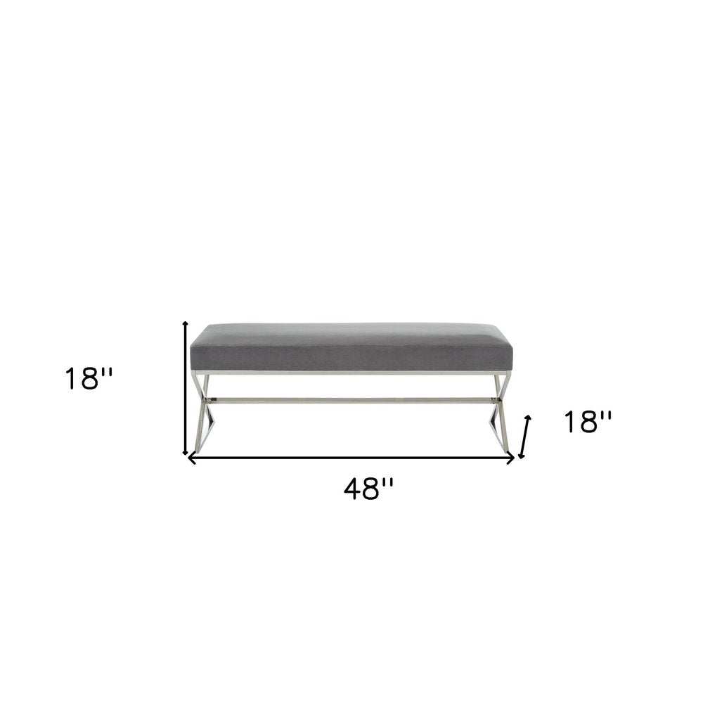 48" Gray and Silver Velvet Upholstered Bench
