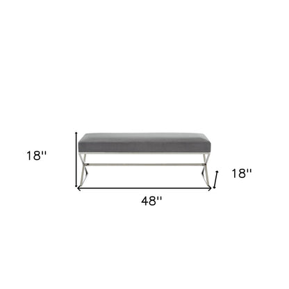 48" Gray and Silver Velvet Upholstered Bench