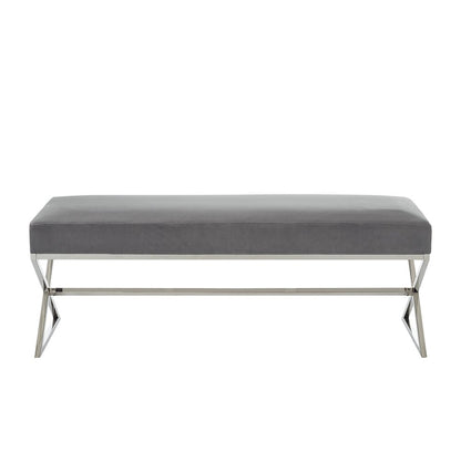 48" Gray and Silver Velvet Upholstered Bench