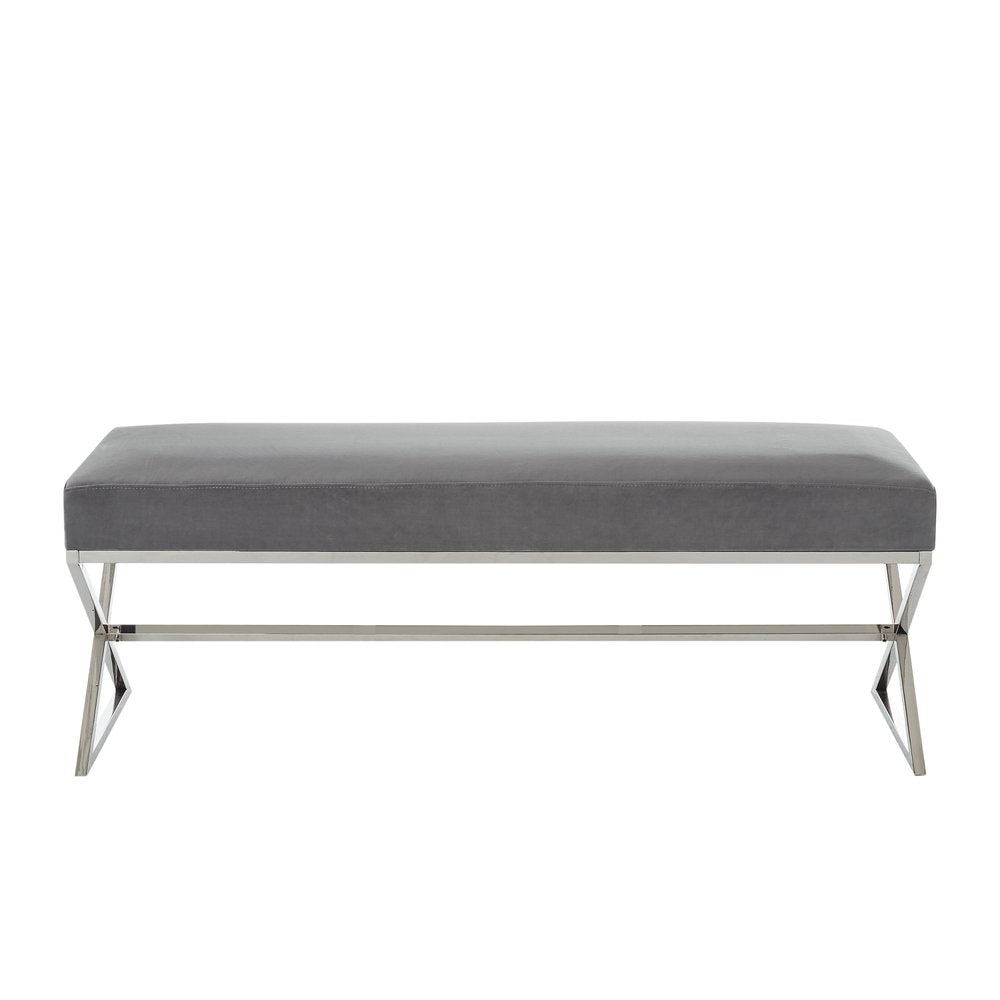 48" Gray and Silver Velvet Upholstered Bench