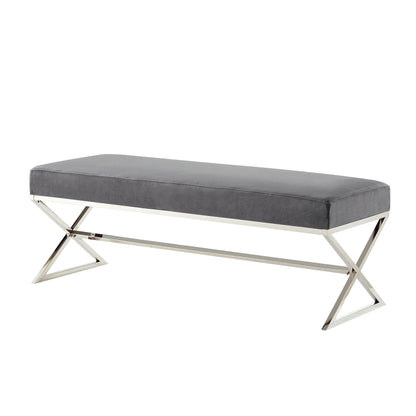 48" Gray And Silver Upholstered Velvet Bench