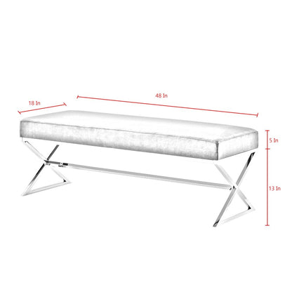 48" Gray and Silver Velvet Upholstered Bench