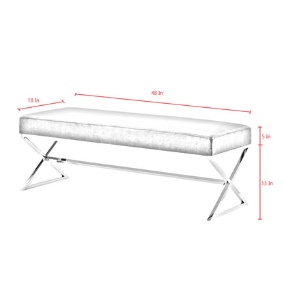 48" Gray and Silver Velvet Upholstered Bench