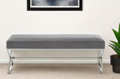 48" Gray And Silver Upholstered Velvet Bench