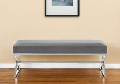 48" Gray and Silver Velvet Upholstered Bench