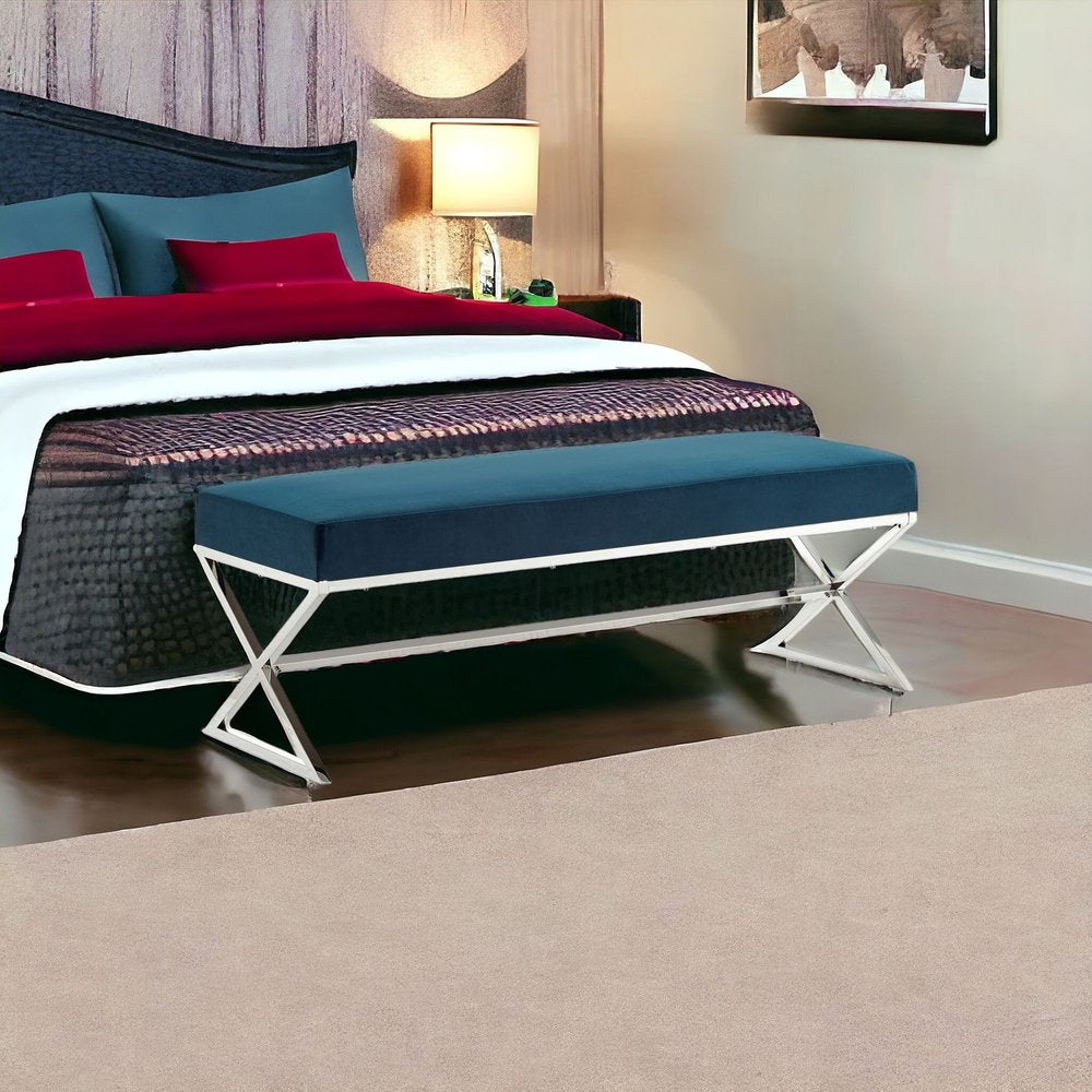 48" Gray and Silver Velvet Upholstered Bench