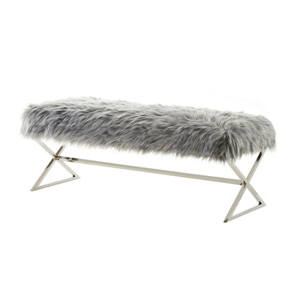 48" Gray And Silver Upholstered Velvet Bench