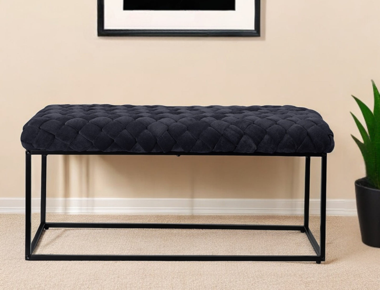 39" Gray And Black Upholstered Velvet Bench