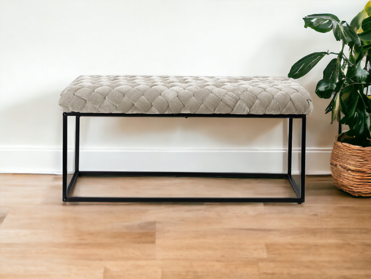 39" Gray And Black Upholstered Velvet Bench