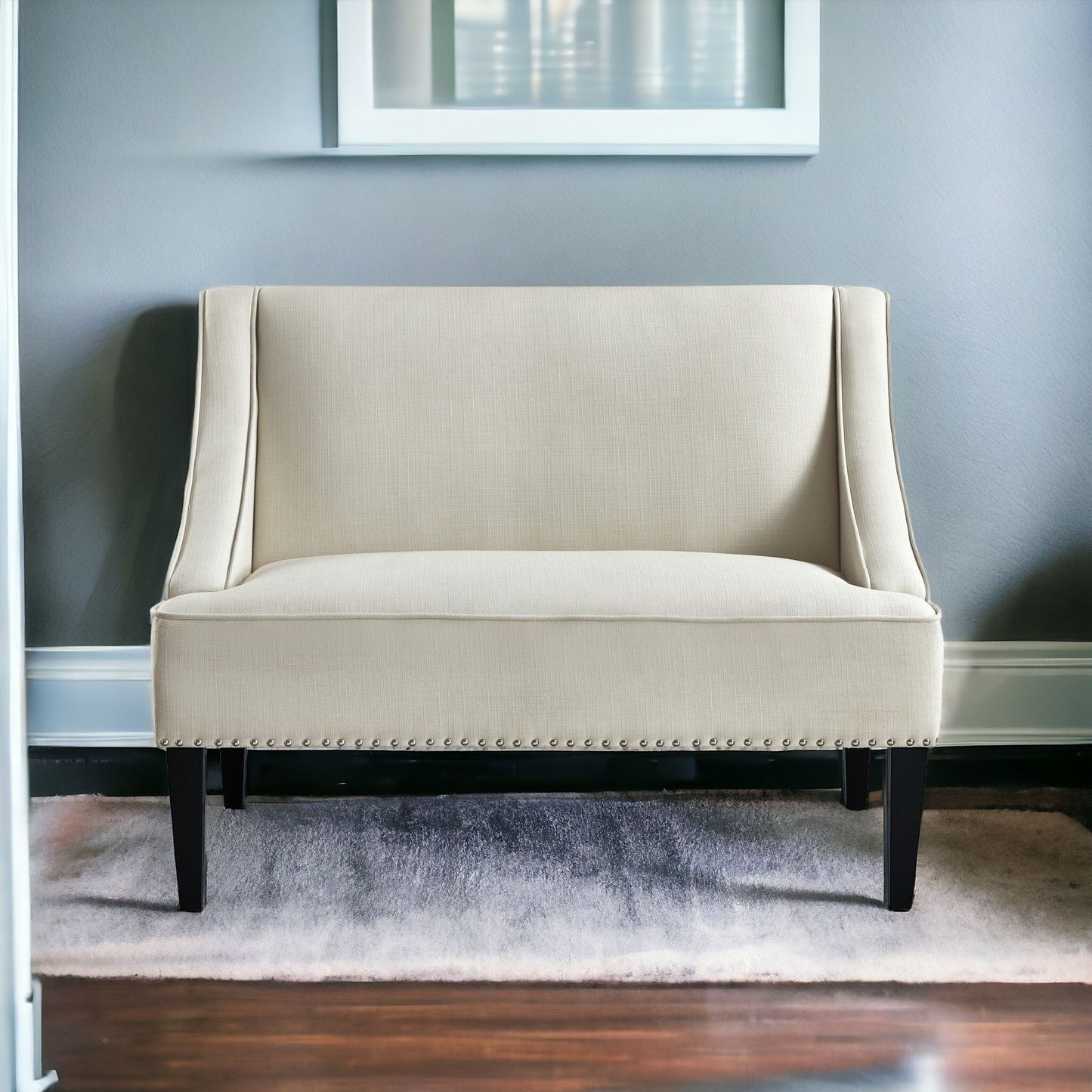 45" Cream And Black Upholstered Linen Bench