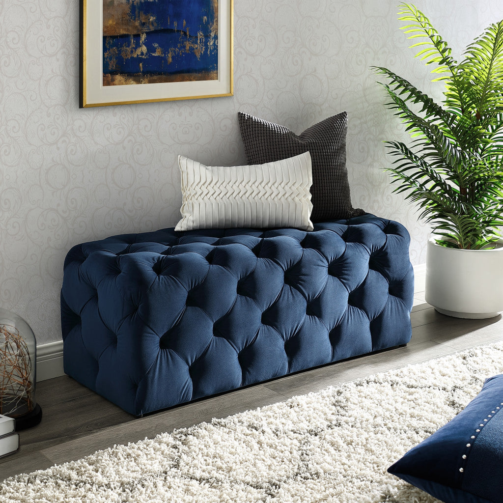 48" Navy Blue And Black Upholstered Velvet Bench