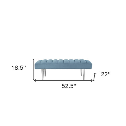 53" Blue And Silver Upholstered Velvet Bench