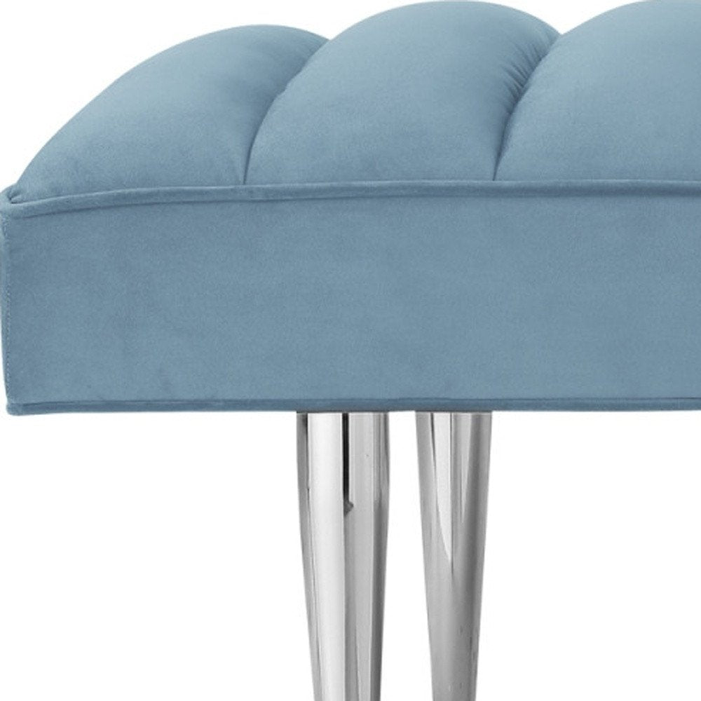 53" Blue And Silver Upholstered Velvet Bench