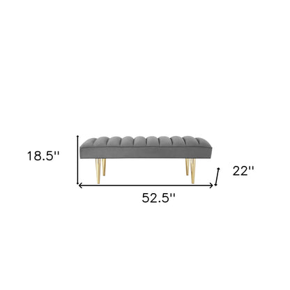 53" Light Gray And Gold Upholstered Velvet Bench