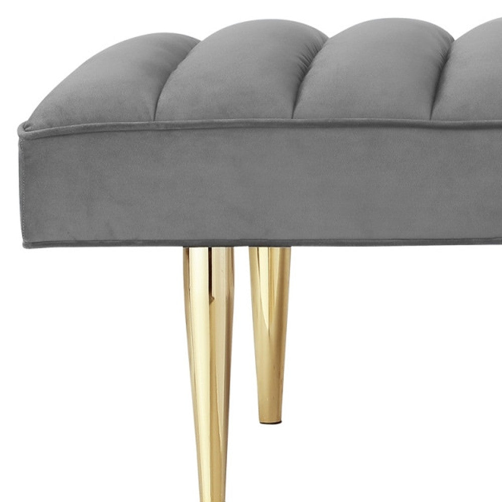 53" Light Gray And Gold Upholstered Velvet Bench