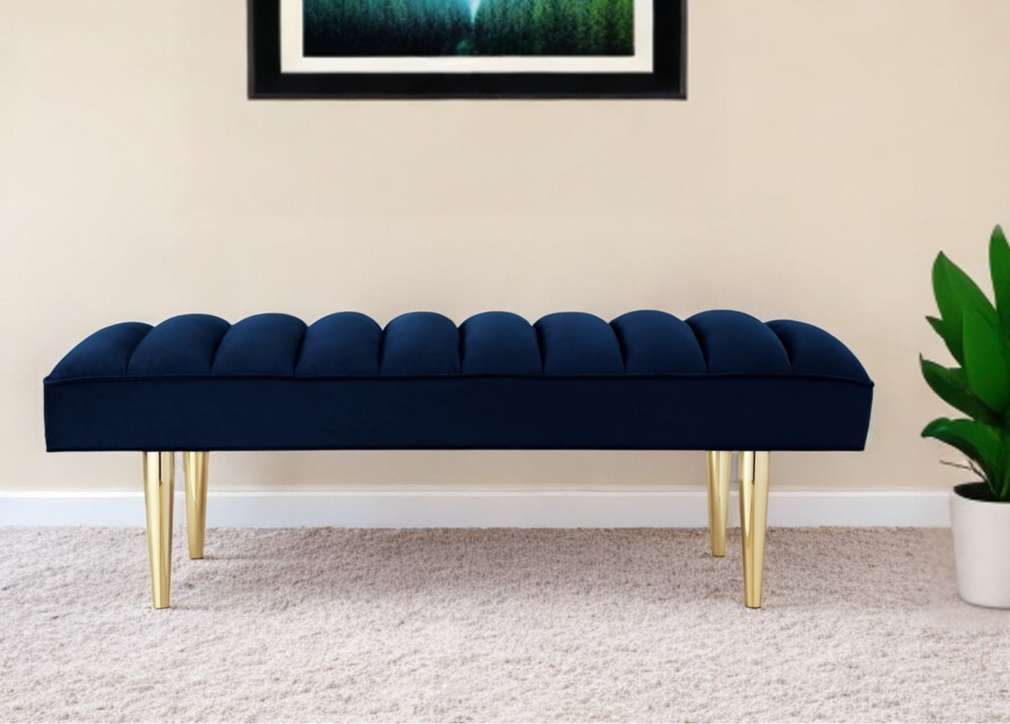 53" Light Gray And Gold Upholstered Velvet Bench