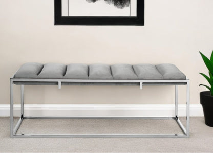 50" Gray And Silver Upholstered Velvet Bench