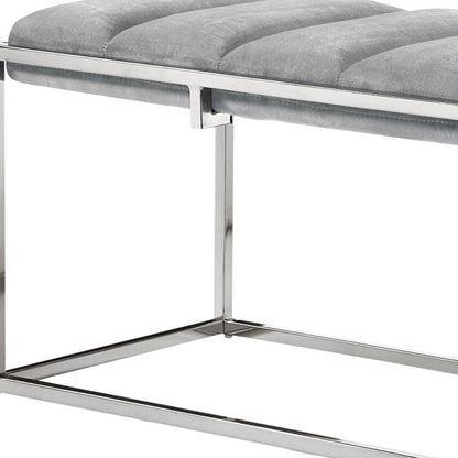 50" Gray And Silver Upholstered Velvet Bench