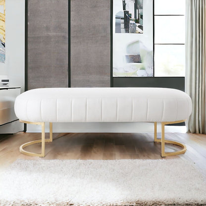 53" White and Gold Upholstered Faux Leather Bench