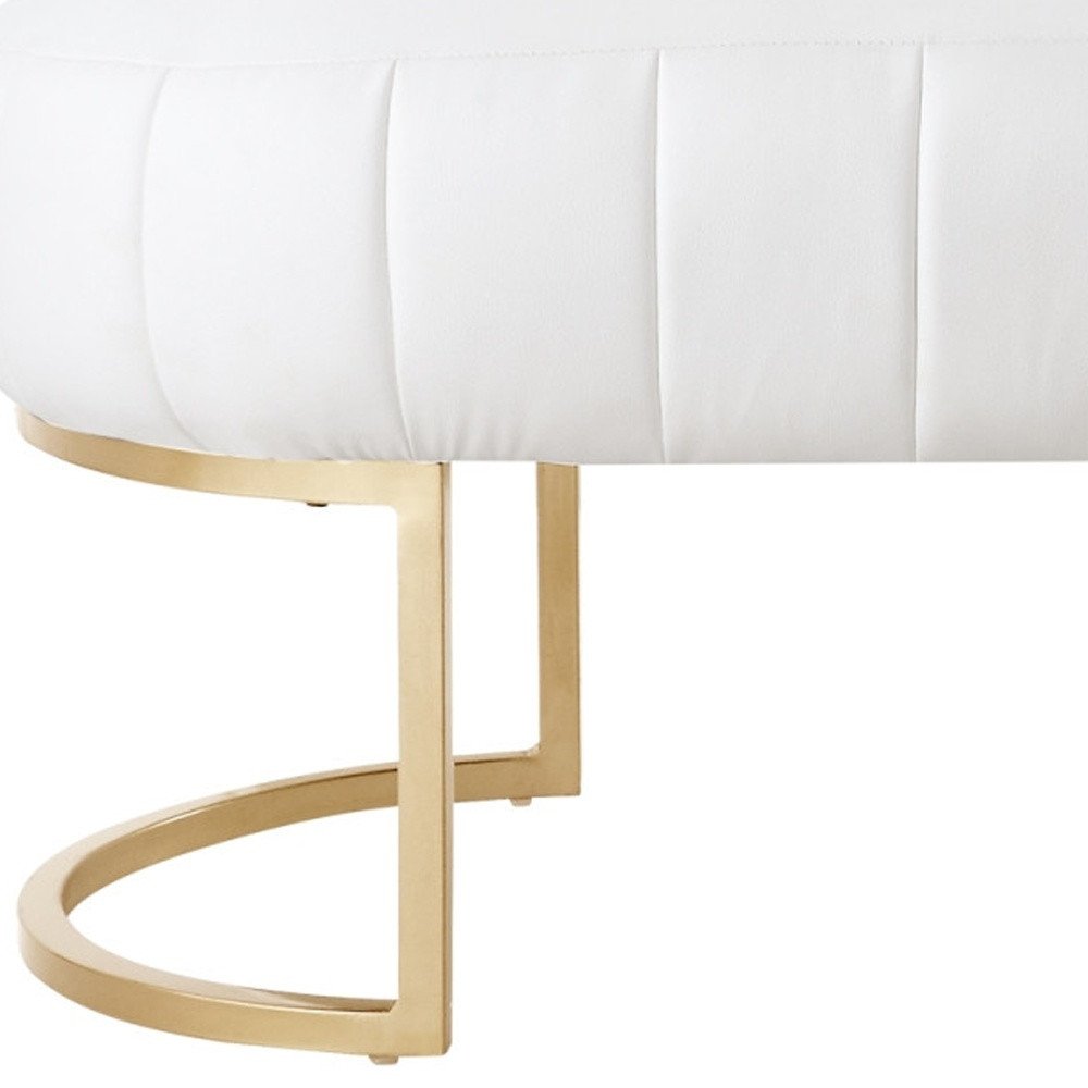 53" White and Gold Upholstered Faux Leather Bench