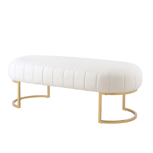 53" White and Gold Upholstered Faux Leather Bench