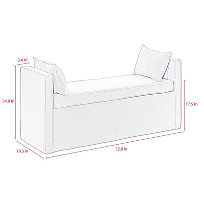 53" White and Red Linen Upholstered Floral Bench