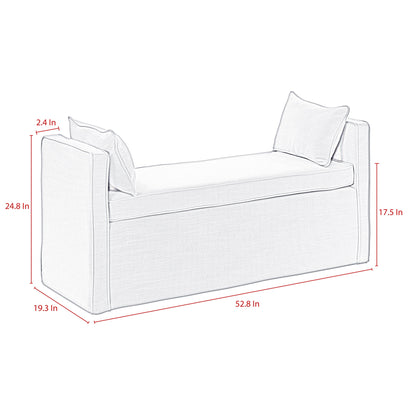 53" White and Red Linen Upholstered Floral Bench