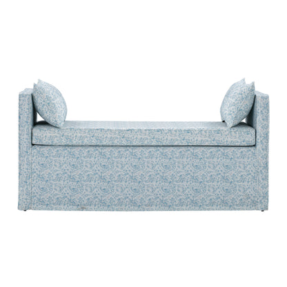 53" White and Red Linen Upholstered Floral Bench