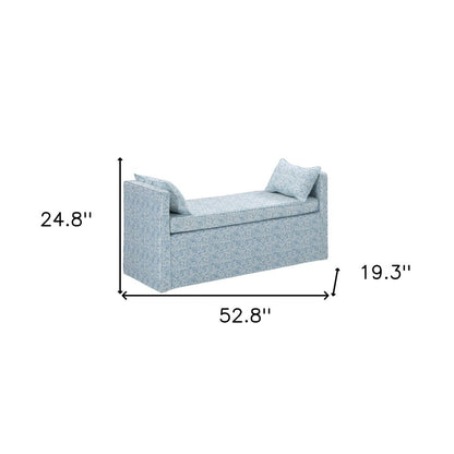 53" White and Red Linen Upholstered Floral Bench