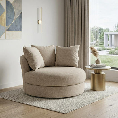 44" Sand Linen Upholstered Swivel Round Accent Chair And Toss Pillows
