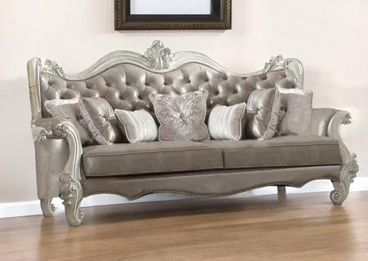 90" Gray Faux Leather Curved Sofa And Toss Pillows With Bone Legs