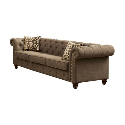 90" Brown Linen Chesterfield Sofa And Toss Pillows