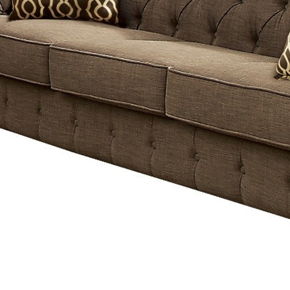 90" Brown Linen Chesterfield Sofa And Toss Pillows