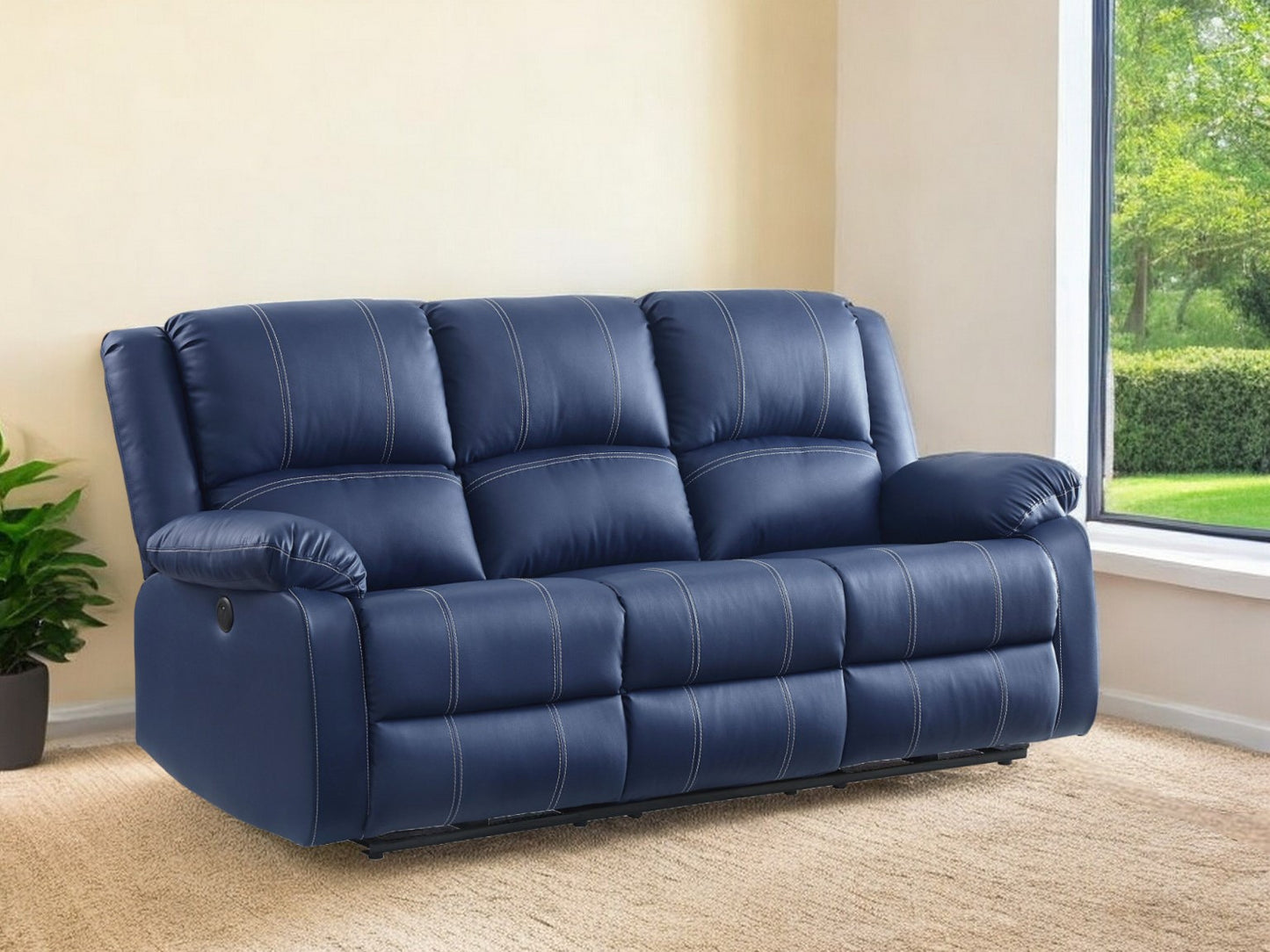 81" Blue Faux Leather Reclining USB Sofa With Black Legs