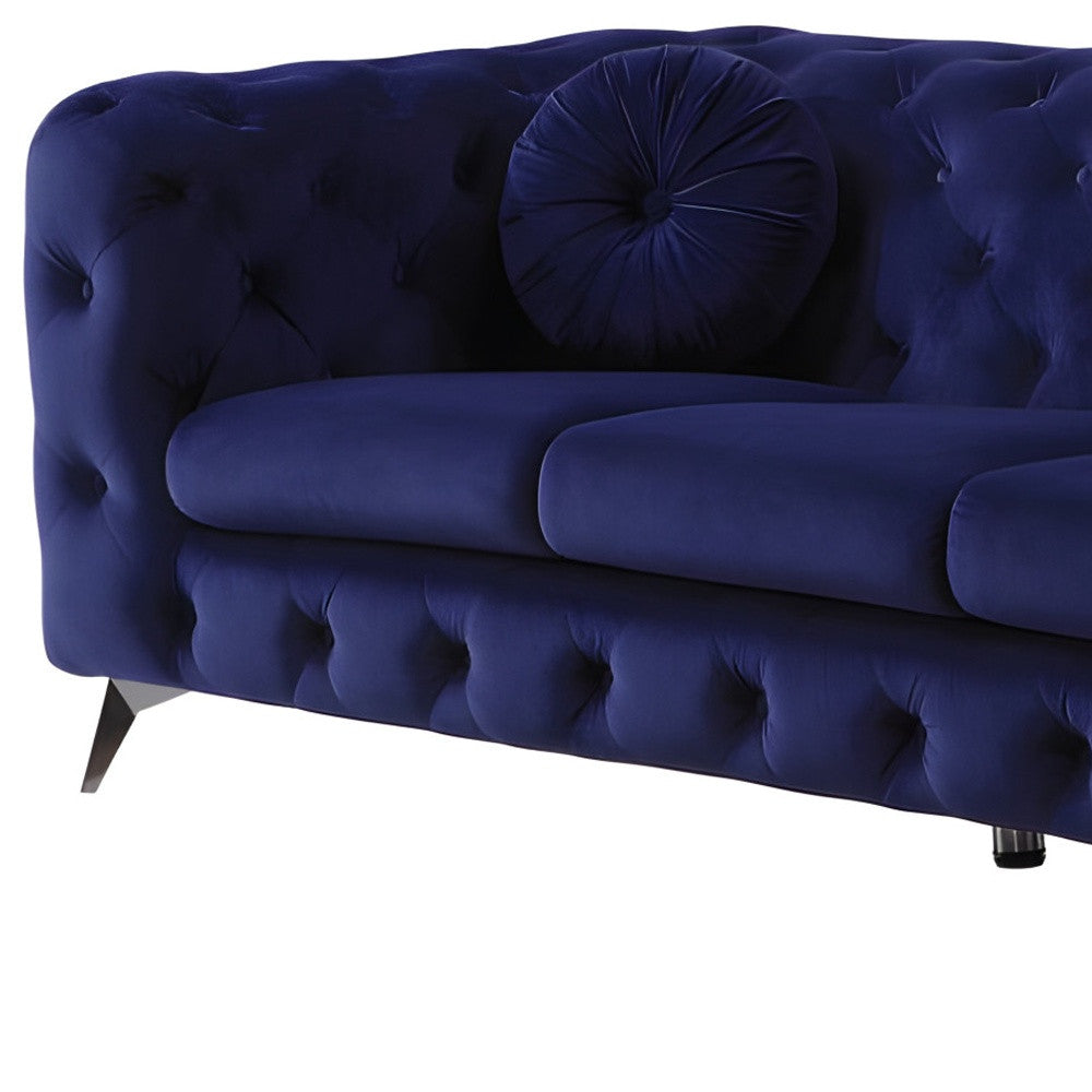 90" Blue Velvet Chesterfield Sofa With Silver Legs