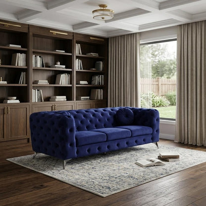 90" Blue Velvet Chesterfield Sofa With Silver Legs
