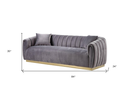 84" Gray Velvet Sofa And Toss Pillows