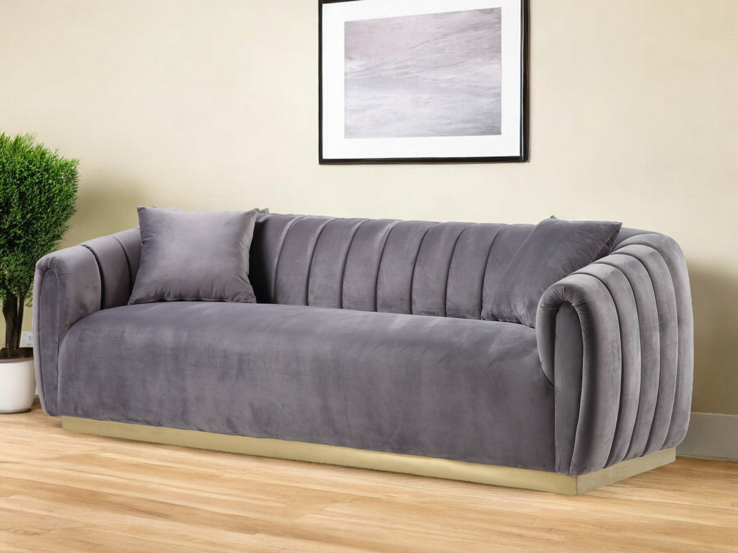 84" Gray Velvet Sofa And Toss Pillows