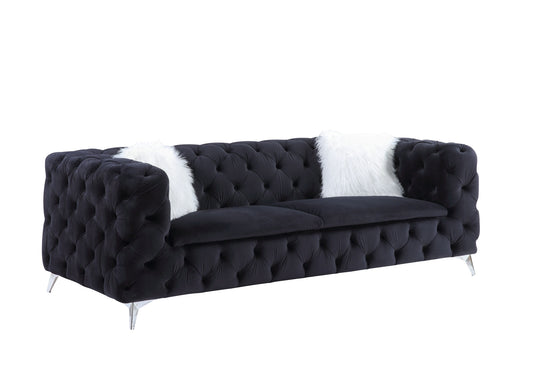 91" Black Velvet Sofa And Toss Pillows With Silver Legs