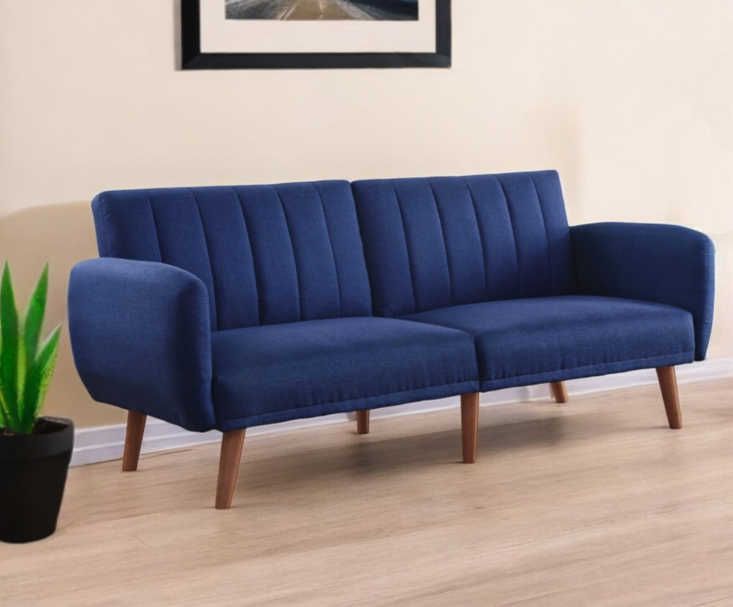 76" Blue Linen Convertible Futon Sleeper Sofa With Wood Brown Legs