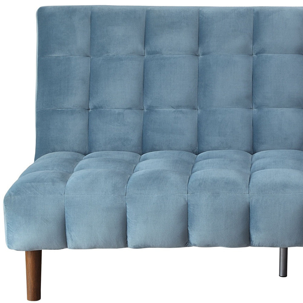 76" Teal Blue Velvet Convertible Futon Sleeper Sofa With Wood Brown Legs