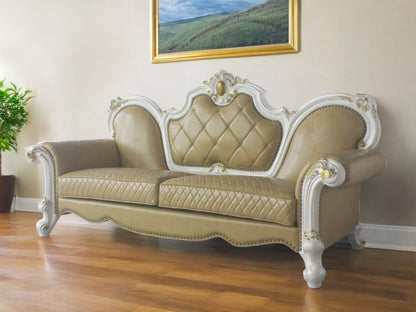 93" Golden Brown Faux Leather Sofa And Toss Pillows With Pearl Legs