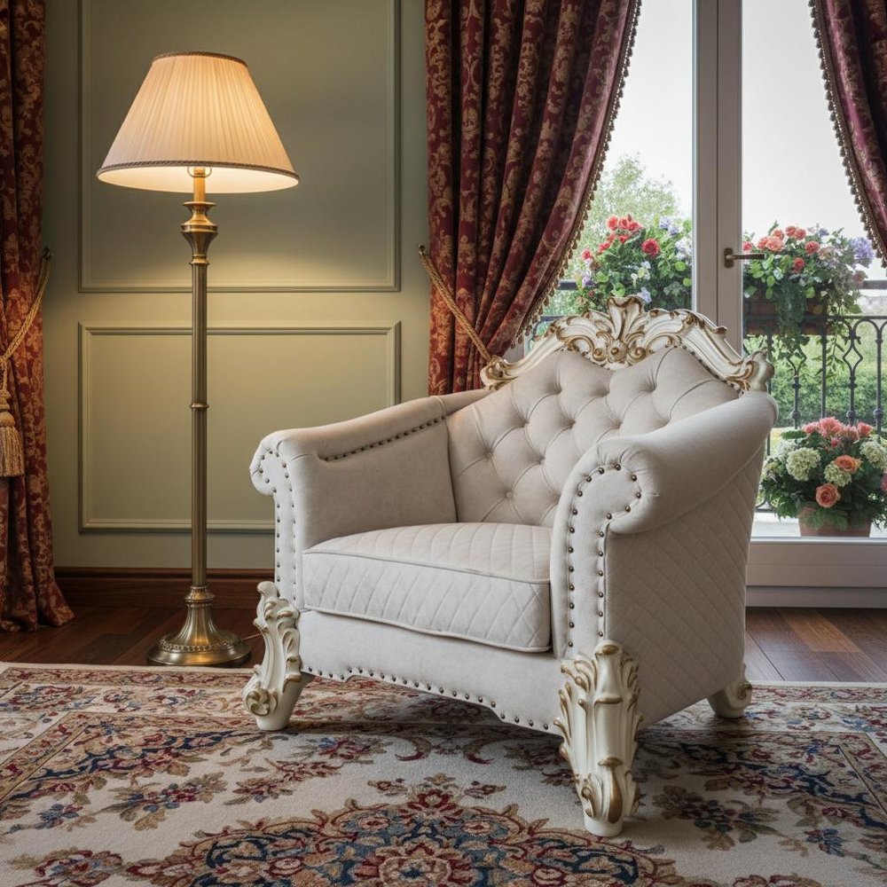 43" Ivory and Pearl Fabric Striped Arm Chair And Toss Pillows