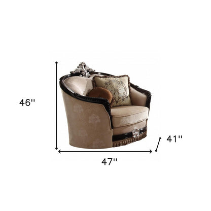 47" Tan and Black Fabric Floral Arm Chair And Toss Pillows