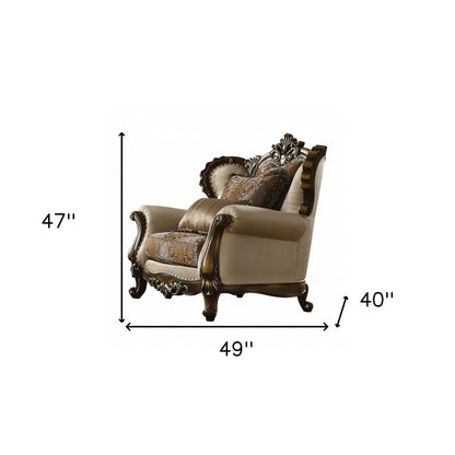 49" Tan and Brown Fabric Damask Tufted Wingback Chair And Toss Pillows