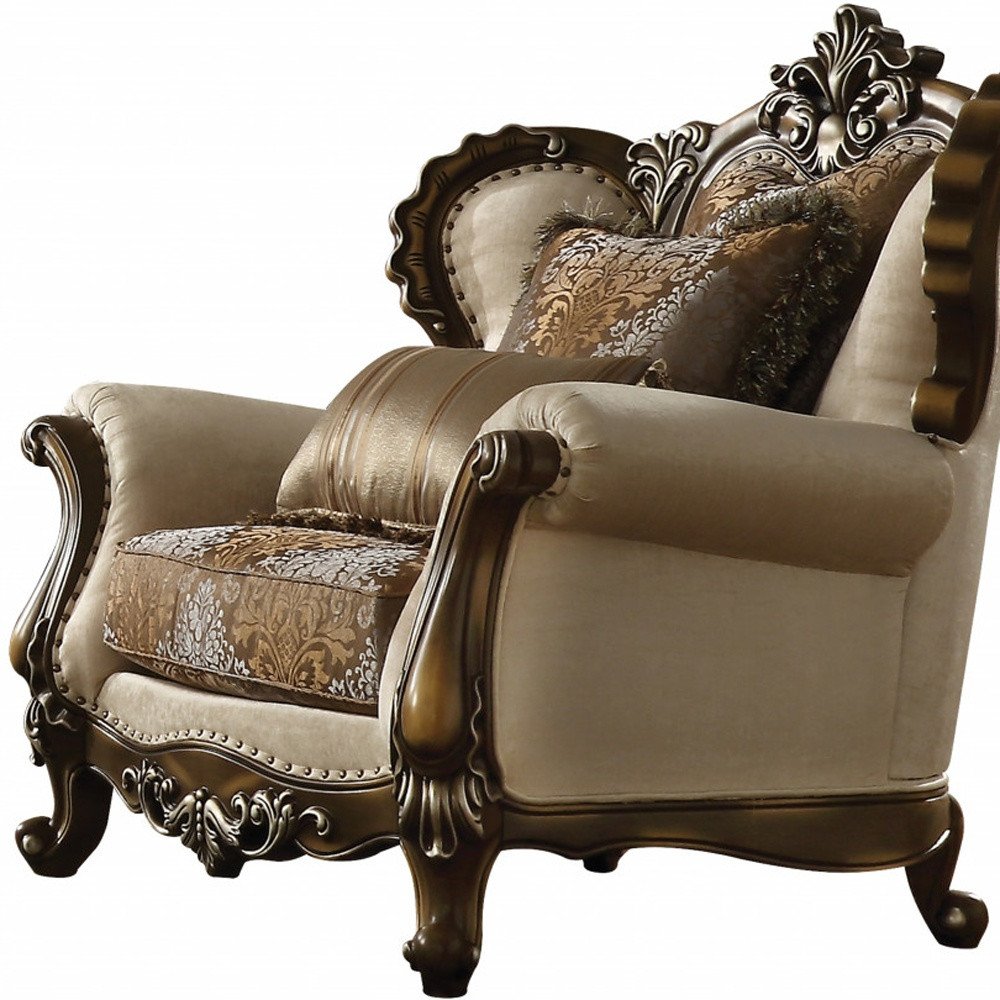 49" Tan and Brown Fabric Damask Tufted Wingback Chair And Toss Pillows