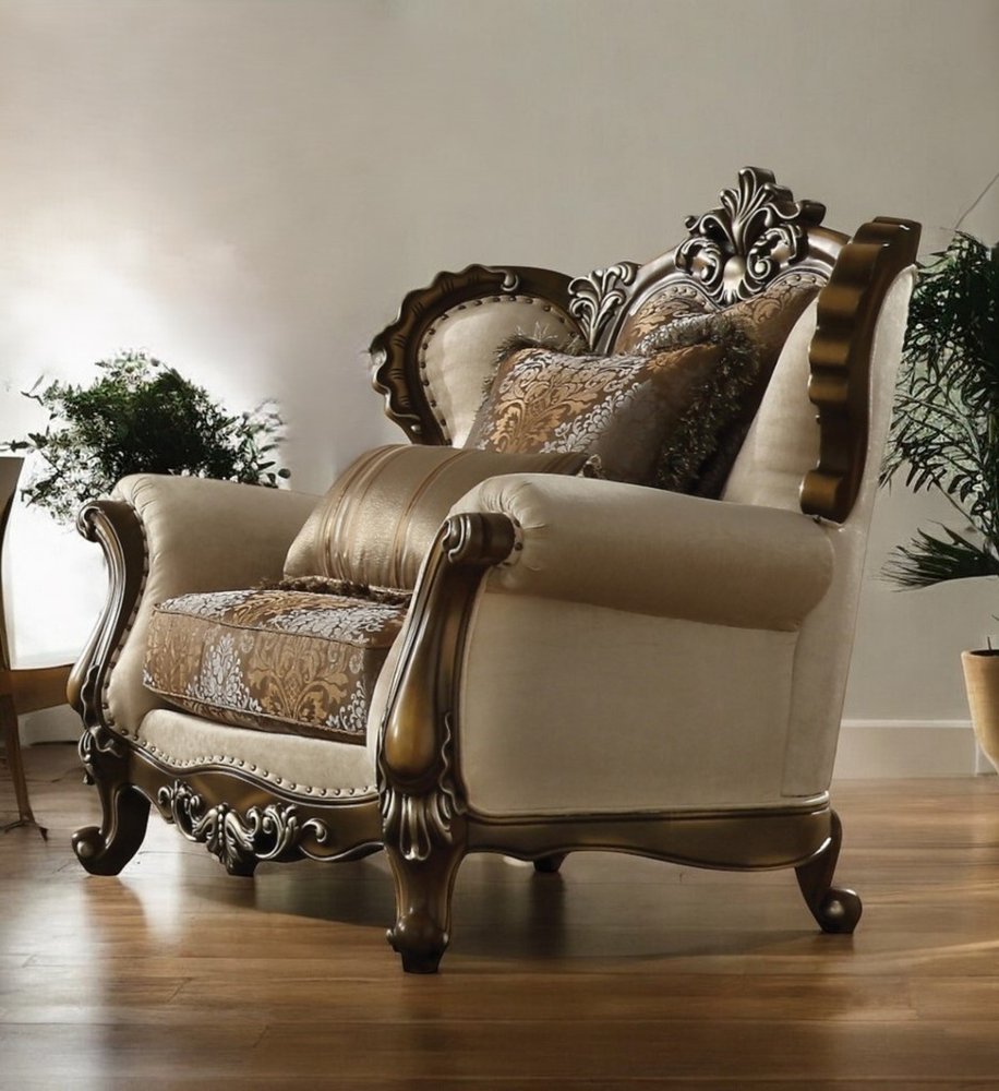 49" Tan and Brown Fabric Damask Tufted Wingback Chair And Toss Pillows